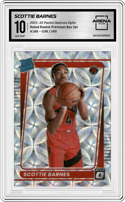 Scottie Barnes from the 2021-22 Panini Donruss Optic set featuring a Premium Box Set  parallel graded by Arena Club and given an overall grade of 10.