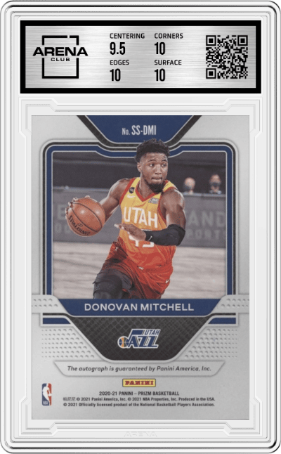 Donovan Mitchell from the 2020-21 Panini Prizm set graded by Arena Club and given an overall grade of 10.