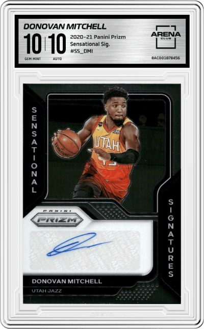 Donovan Mitchell from the 2020-21 Panini Prizm set graded by Arena Club and given an overall grade of 10.