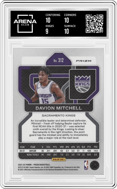 Davion Mitchell from the 2021-22 Panini Prizm  set featuring a Purple Wave Prizm parallel graded by Arena Club and given an overall grade of 9.5.