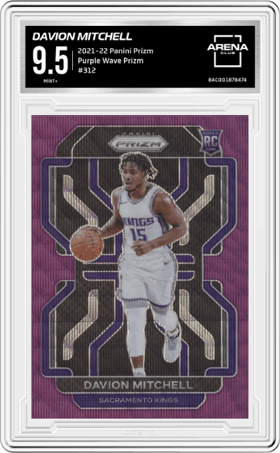 Davion Mitchell from the 2021-22 Panini Prizm  set featuring a Purple Wave Prizm parallel graded by Arena Club and given an overall grade of 9.5.