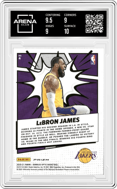LeBron James from the 2020-21 Panini Donruss Optic set featuring a Purple parallel graded by Arena Club and given an overall grade of 9.5.