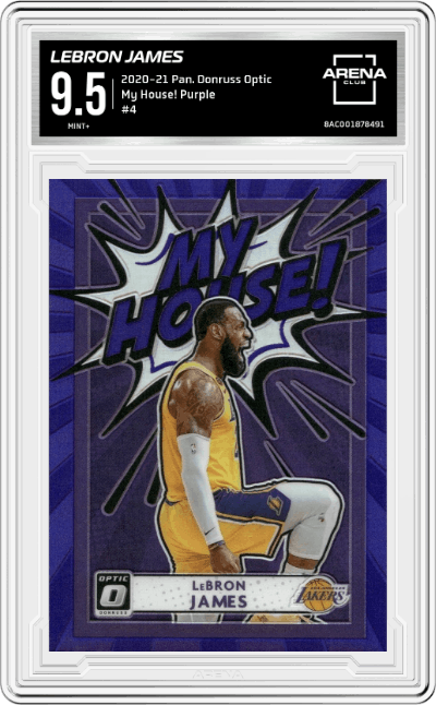 LeBron James from the 2020-21 Panini Donruss Optic set featuring a Purple parallel graded by Arena Club and given an overall grade of 9.5.