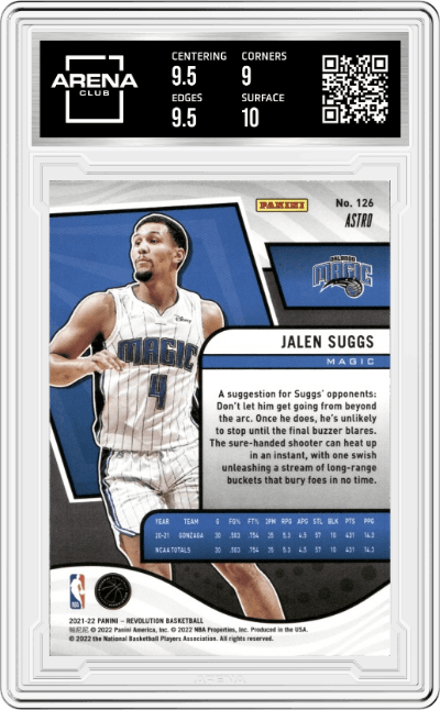 Jalen Suggs from the 2021-22 Panini Revolution  set featuring a Astro parallel graded by Arena Club and given an overall grade of 9.5.