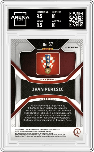 Ivan Perisic from the 2022 Panini Prizm FIFA WC Qatar set featuring a Choice Zebra Prizm parallel graded by Arena Club and given an overall grade of 9.