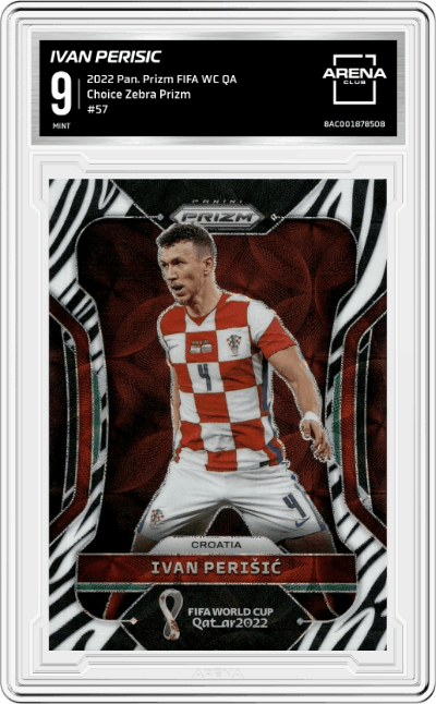 Ivan Perisic from the 2022 Panini Prizm FIFA WC Qatar set featuring a Choice Zebra Prizm parallel graded by Arena Club and given an overall grade of 9.