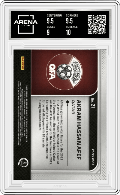 Akram Hassan Afif from the 2022 Panini Prizm FIFA WC Qatar set featuring a Silver Prizm parallel graded by Arena Club and given an overall grade of 9.5.