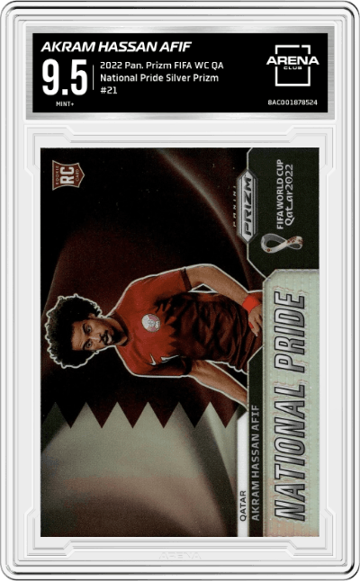 Akram Hassan Afif from the 2022 Panini Prizm FIFA WC Qatar set featuring a Silver Prizm parallel graded by Arena Club and given an overall grade of 9.5.