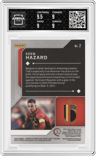 Eden Hazard from the 2022 Panini Prizm FIFA WC Qatar set graded by Arena Club and given an overall grade of 9.