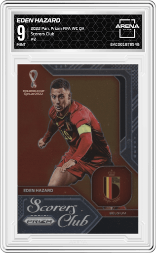 Eden Hazard from the 2022 Panini Prizm FIFA WC Qatar set graded by Arena Club and given an overall grade of 9.