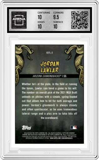 Jordan Lawlar from the 2022 Bowman Chrome set graded by Arena Club and given an overall grade of 10.