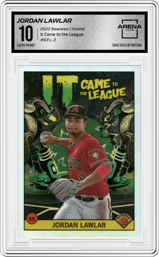 Jordan Lawlar from the 2022 Bowman Chrome set graded by Arena Club and given an overall grade of 10.