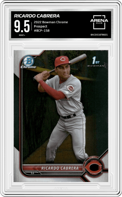 Ricardo Cabrera from the 2022 Bowman Chrome set graded by Arena Club and given an overall grade of 9.5.