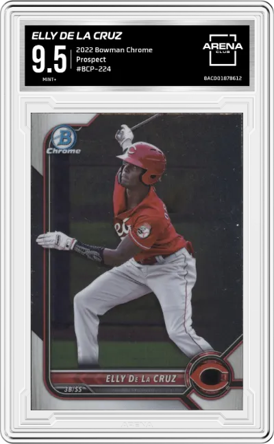 Elly De La Cruz from the 2022 Bowman Chrome set graded by Arena Club and given an overall grade of 9.5.