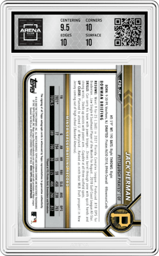 Jack Herman from the 2022 Bowman Chrome set featuring a Green Atomic Refractor parallel graded by Arena Club and given an overall grade of 10.