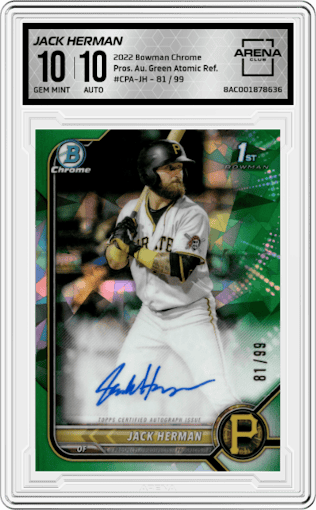 Jack Herman from the 2022 Bowman Chrome set featuring a Green Atomic Refractor parallel graded by Arena Club and given an overall grade of 10.