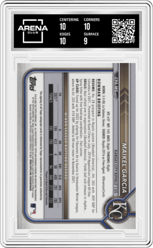 Maikel Garcia from the 2022 Bowman Chrome set graded by Arena Club and given an overall grade of 9.5.