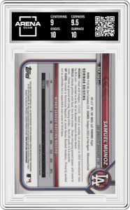 Samuel Munoz from the 2022 Bowman Chrome set graded by Arena Club and given an overall grade of 9.5.