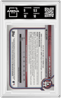 Samuel Munoz from the 2022 Bowman Chrome set graded by Arena Club and given an overall grade of 9.5.