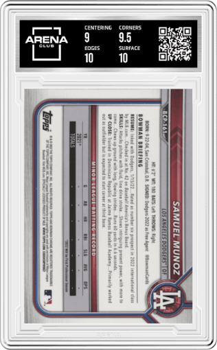Samuel Munoz from the 2022 Bowman Chrome set graded by Arena Club and given an overall grade of 9.5.