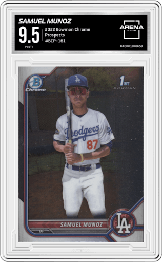 Samuel Munoz from the 2022 Bowman Chrome set graded by Arena Club and given an overall grade of 9.5.