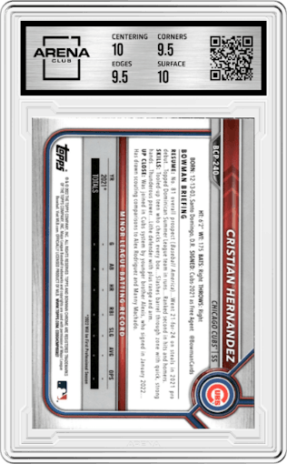 Cristian Hernandez from the 2022 Bowman Chrome set graded by Arena Club and given an overall grade of 10.