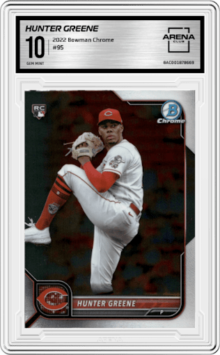 Hunter Greene from the 2022 Bowman Chrome set graded by Arena Club and given an overall grade of 10.