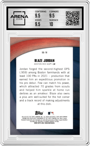 Blaze Jordan from the 2022 Bowman Chrome set graded by Arena Club and given an overall grade of 10.