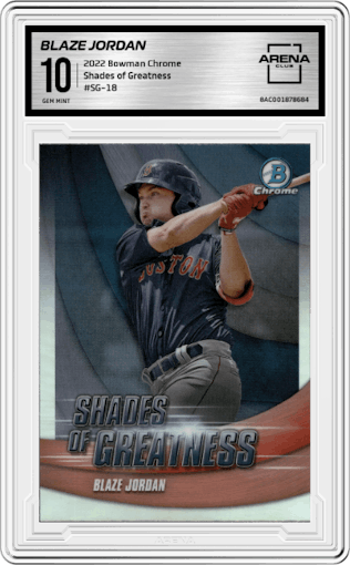 Blaze Jordan from the 2022 Bowman Chrome set graded by Arena Club and given an overall grade of 10.
