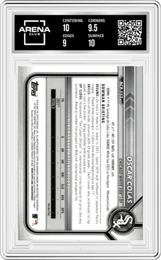 Oscar Colas from the 2022 Bowman Chrome set graded by Arena Club and given an overall grade of 9.5.