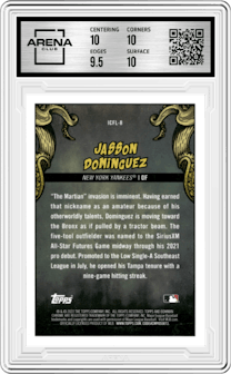 Jasson Dominguez from the 2022 Bowman Chrome set graded by Arena Club and given an overall grade of 10.