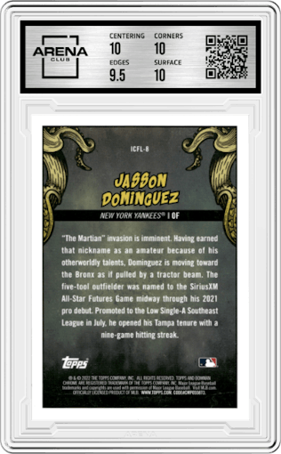 Jasson Dominguez from the 2022 Bowman Chrome set graded by Arena Club and given an overall grade of 10.