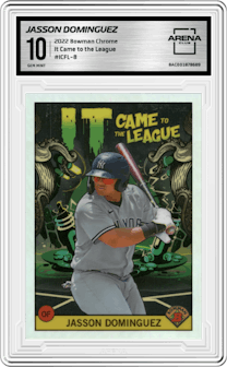 Jasson Dominguez from the 2022 Bowman Chrome set graded by Arena Club and given an overall grade of 10.