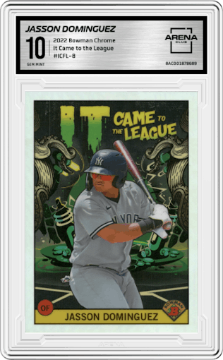 Jasson Dominguez from the 2022 Bowman Chrome set graded by Arena Club and given an overall grade of 10.