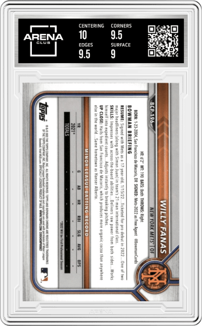 Willy Fanas from the 2022 Bowman Chrome set graded by Arena Club and given an overall grade of 9.5.