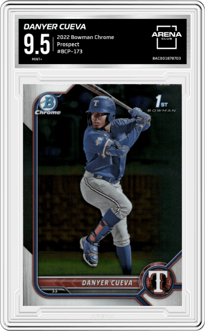 Danyer Cueva from the 2022 Bowman Chrome set graded by Arena Club and given an overall grade of 9.5.