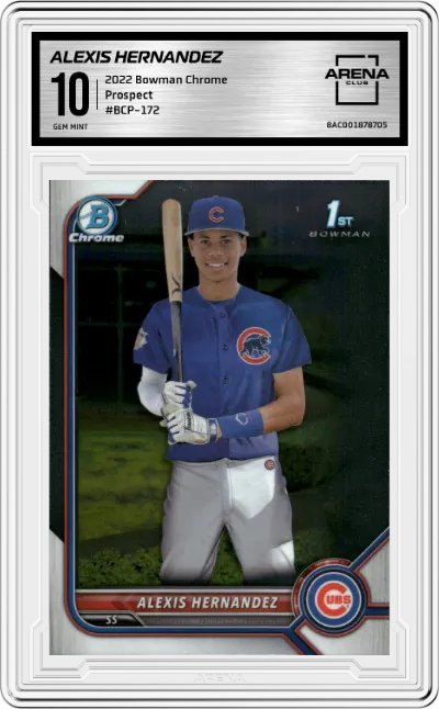 Alexis Hernandez from the 2022 Bowman Chrome set graded by Arena Club and given an overall grade of 10.