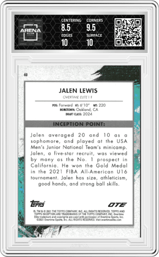Jalen Lewis from the 2021-22 Topps Inception OTE set graded by Arena Club and given an overall grade of 9.