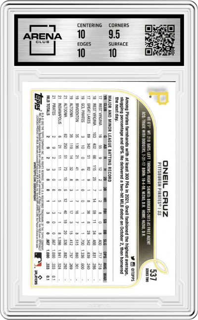 Oneil Cruz from the 2022 Topps set graded by Arena Club and given an overall grade of 10.