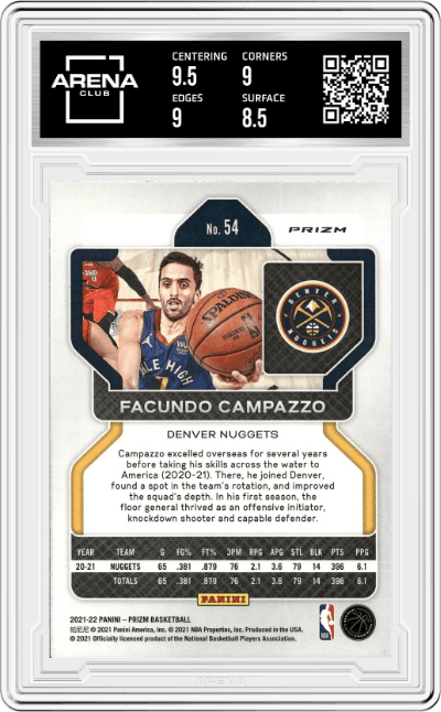 Facundo Campazzo from the 2021-22 Panini Prizm  set featuring a Purple Wave Prizm parallel graded by Arena Club and given an overall grade of 9.