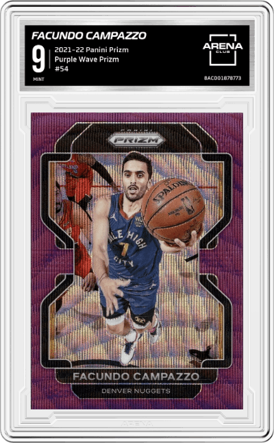 Facundo Campazzo from the 2021-22 Panini Prizm  set featuring a Purple Wave Prizm parallel graded by Arena Club and given an overall grade of 9.