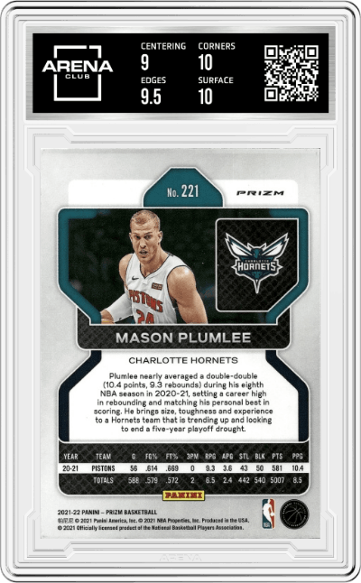 Mason Plumlee from the 2021-22 Panini Prizm  set featuring a Purple Wave Prizm parallel graded by Arena Club and given an overall grade of 9.5.