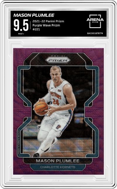 Mason Plumlee from the 2021-22 Panini Prizm  set featuring a Purple Wave Prizm parallel graded by Arena Club and given an overall grade of 9.5.