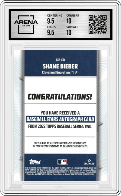 Shane Bieber from the 2022 Topps set graded by Arena Club and given an overall grade of 10.