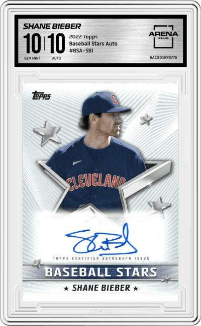 Shane Bieber from the 2022 Topps set graded by Arena Club and given an overall grade of 10.