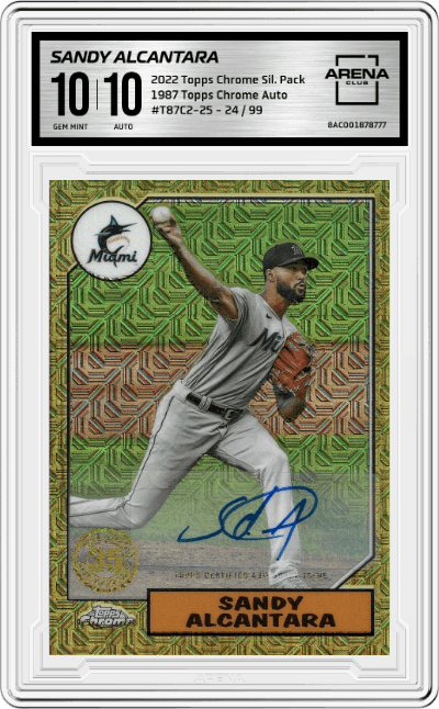 Sandy Alcantara from the 2022 Topps Silver Pack  set graded by Arena Club and given an overall grade of 10.