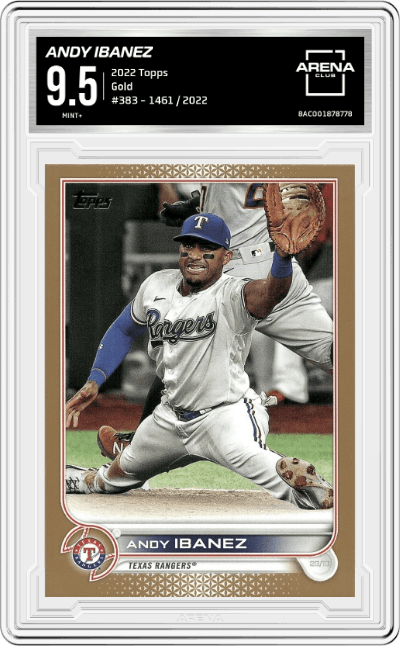 Andy Ibanez from the 2022 Topps set featuring a Gold parallel graded by Arena Club and given an overall grade of 9.5.