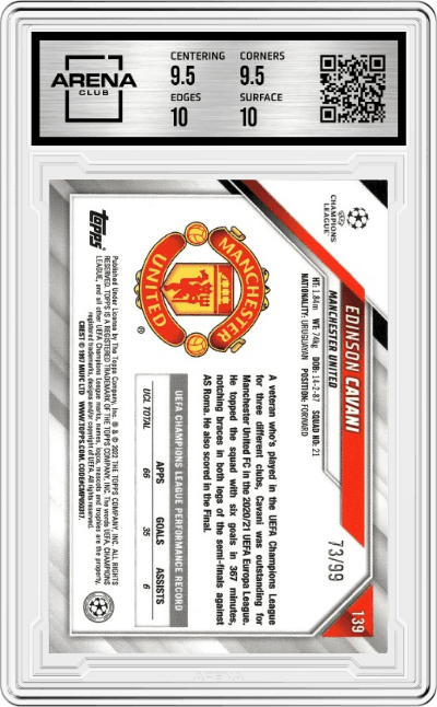 Edinson Cavani from the 2021-22 Topps Chrome S/E UEFA CL set featuring a Yellow parallel graded by Arena Club and given an overall grade of 10.