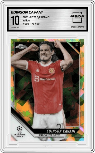 Edinson Cavani from the 2021-22 Topps Chrome S/E UEFA CL set featuring a Yellow parallel graded by Arena Club and given an overall grade of 10.