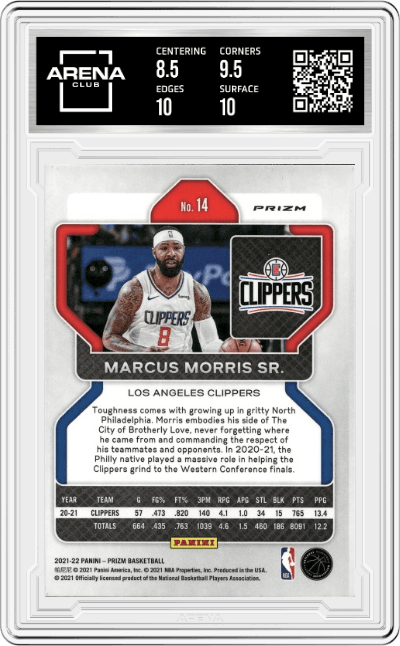 Marcus Morris Sr. from the 2021-22 Panini Prizm  set featuring a Green Prizm parallel graded by Arena Club and given an overall grade of 9.
